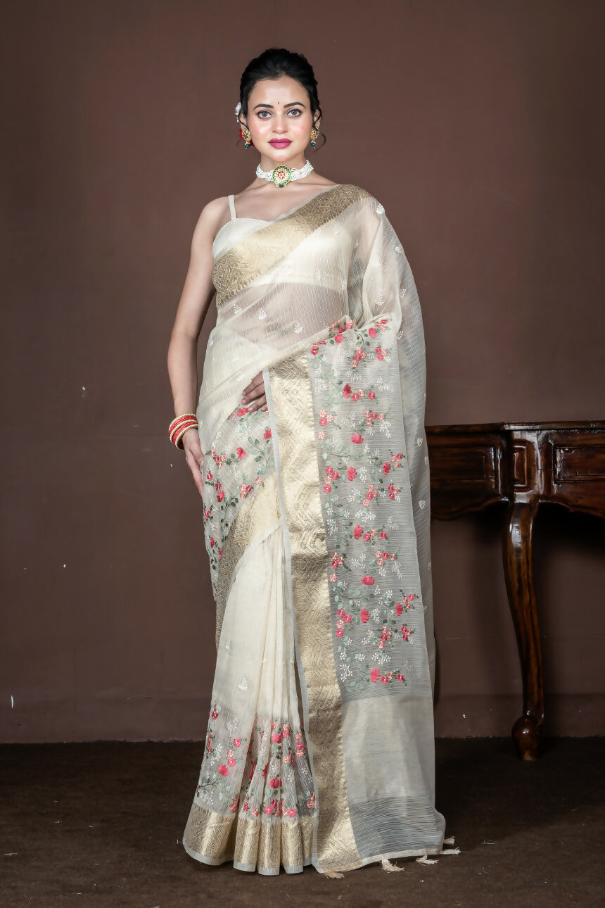 Morchari Beige Banarasi Tissue Computer Embroidery Saree Unstitched Blouse | Grocsy