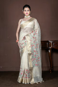 Morchari Beige Banarasi Tissue Computer Embroidery Saree Unstitched Blouse | Grocsy