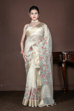 Morchari Beige Banarasi Tissue Computer Embroidery Saree Unstitched Blouse | Grocsy