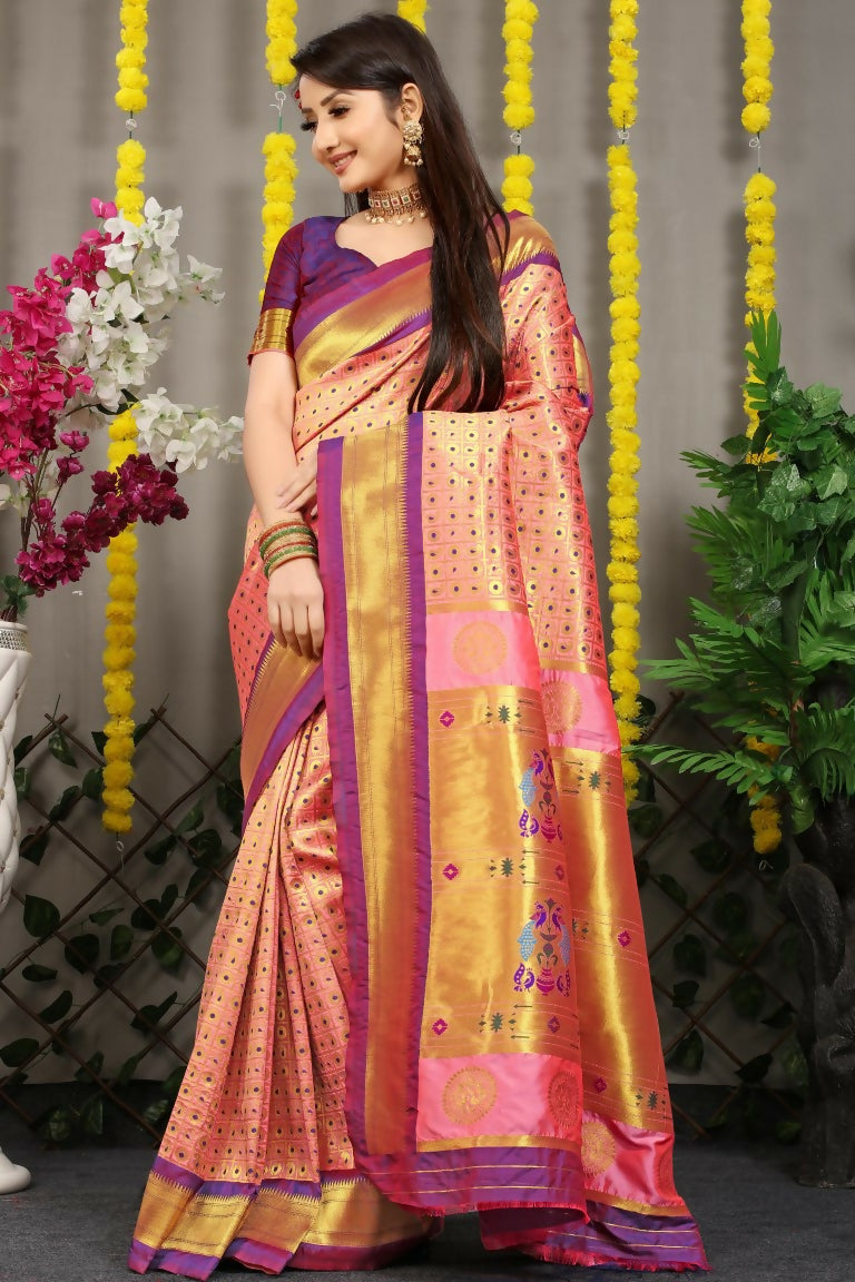 Jyoti Fashion Women's Baby Pink Banarasi Silk Zari Woven Saree with Blouse | Grocsy