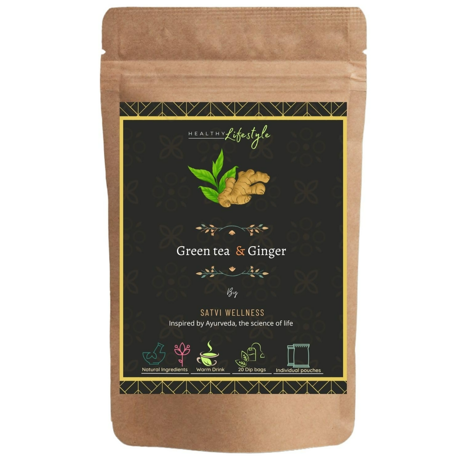 Satvi Wellness Green Tea With Ginger Tea Bags | Herbal Tea | Grocsy