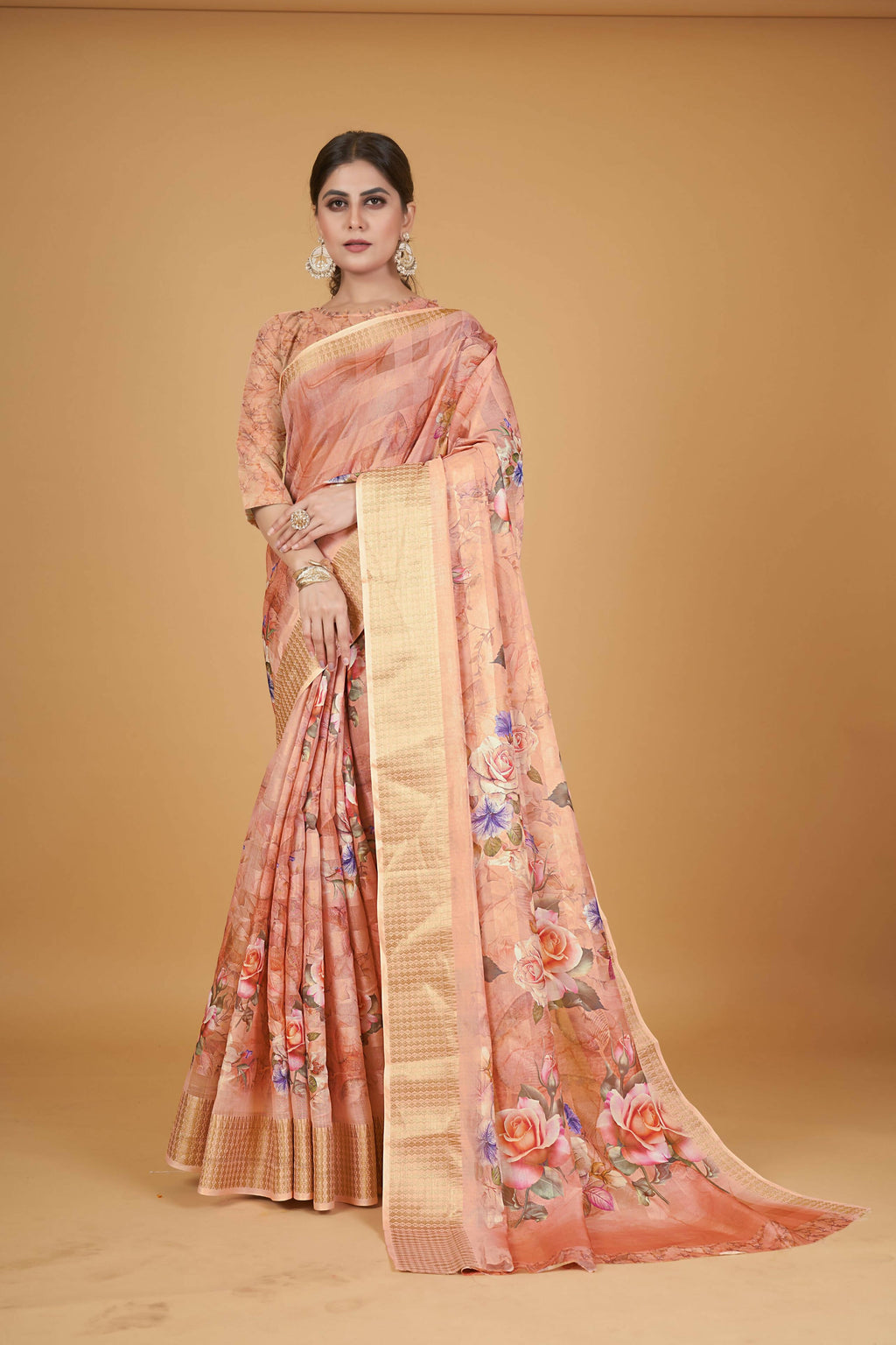 Orange Cotton Silk Digital Printed Saree With Unstitched Blouse Piece - Alisha | Grocsy