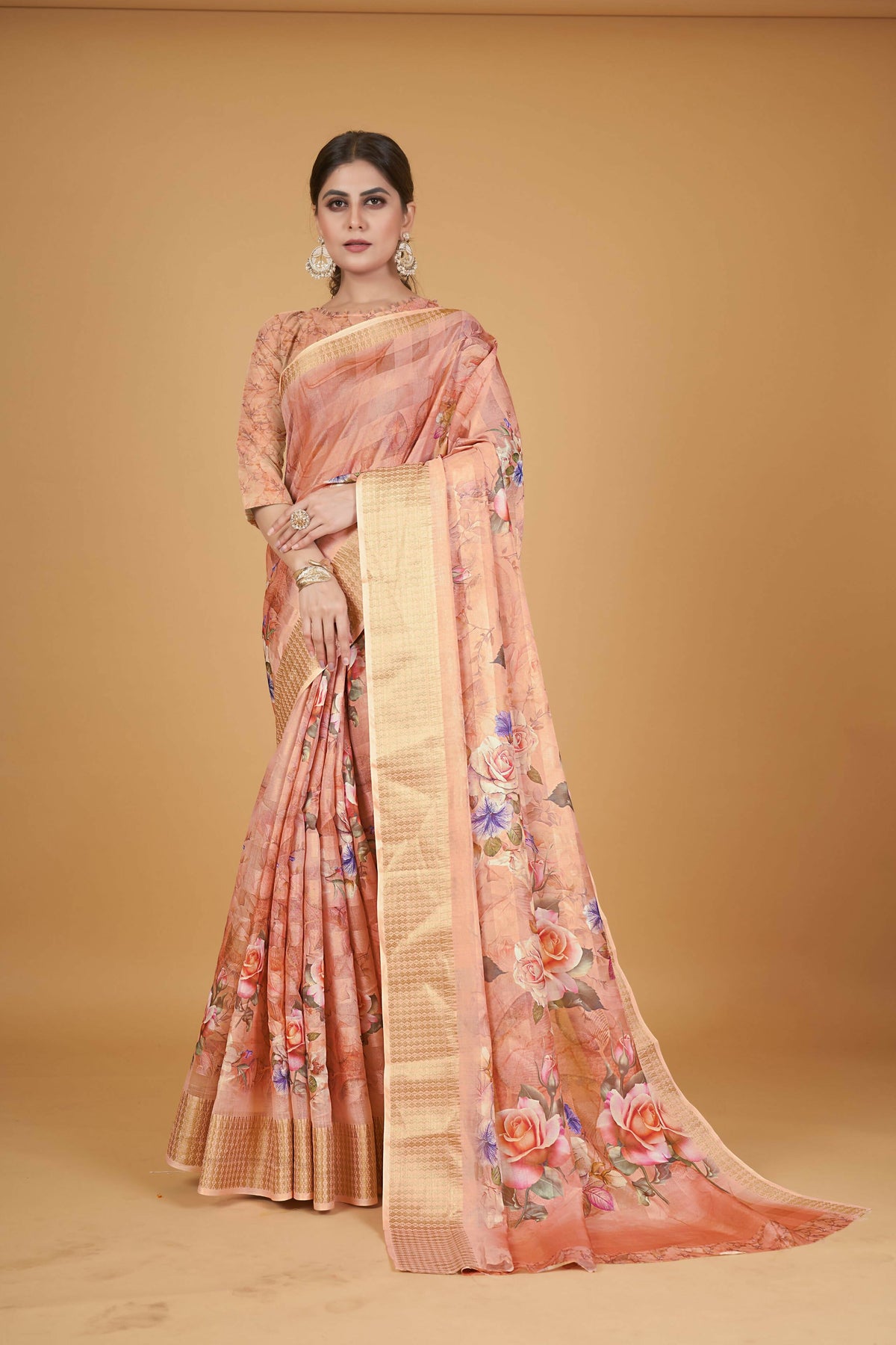 Orange Cotton Silk Digital Printed Saree With Unstitched Blouse Piece - Alisha | Grocsy