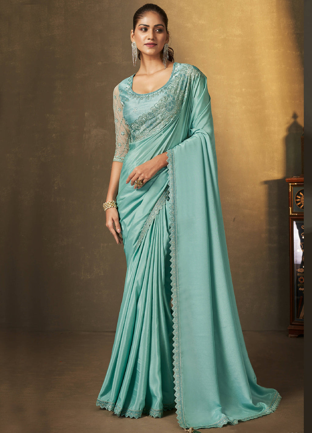 Light Blue Crepe Georgette Silk Embroidered with Swaroski Work Saree With Unstitched Blouse Piece - Norita Royal Erisha | Grocsy