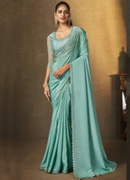 Light Blue Crepe Georgette Silk Embroidered with Swaroski Work Saree With Unstitched Blouse Piece - Norita Royal Erisha | Grocsy