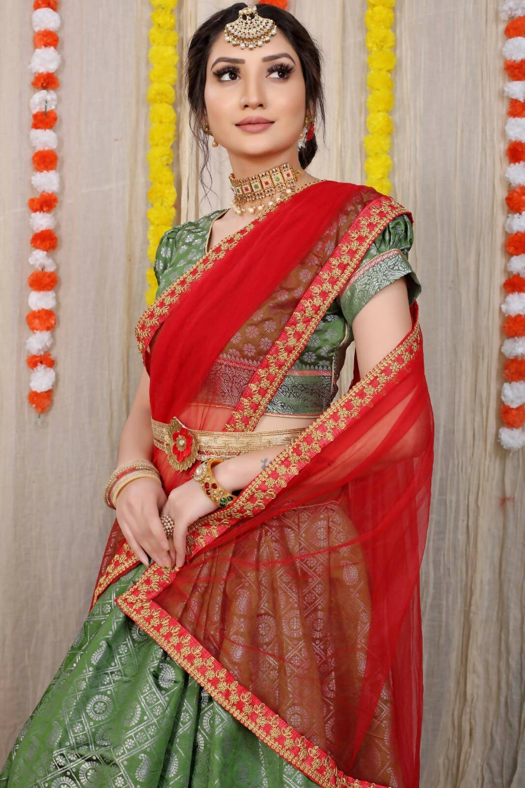 DEIANA'S Beautiful Pure Jari Silk Weaving Lehengha Choli - Mehndi | Grocsy