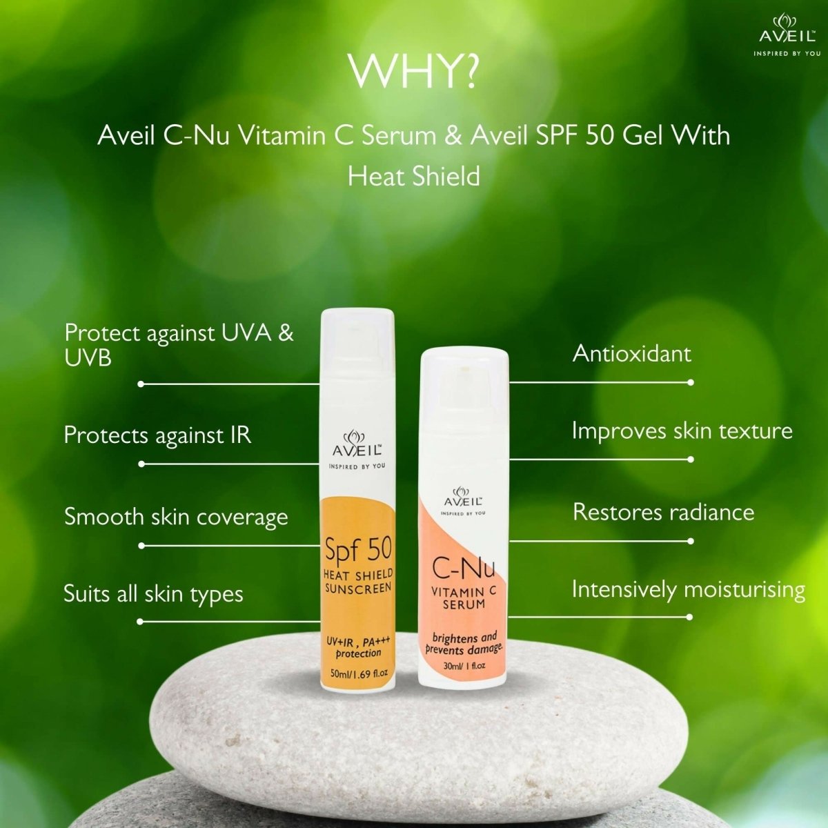Aveil Heat Shield SPF 50 Gel Sunscreen & C-Nu Vitamin C Face Serum Combo | Grocsy