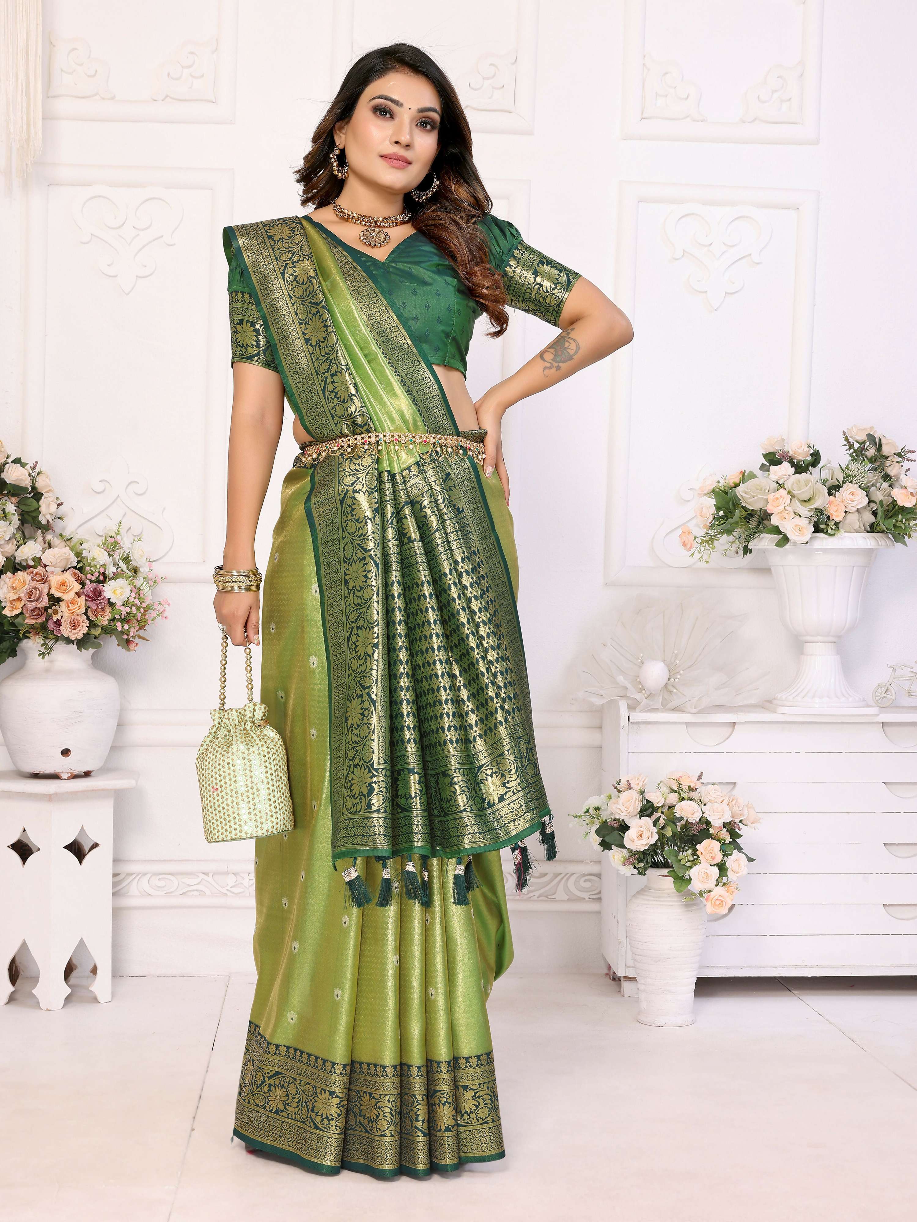 Aastha Fashion Pista Tissue Silk Weaving Saree | Grocsy