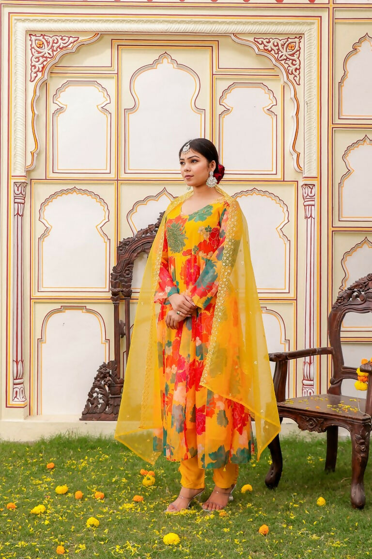 Vaasva Women Mustard Organza Multi Floral Print & Embroidered Anarkali Kurta, Pant & Dupatta set | Grocsy