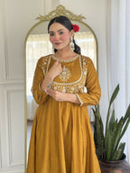 The52 Mustard Women's Gorgeous Embroidered Vichitra Silk Fabric Flared Kurta Pant with Dupatta Set | Grocsy
