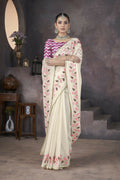 Vastranavya Off White Soft Crush Georgette Thread Embroidery work of Leaf Pattern with Patched Lace Border Saree | Grocsy