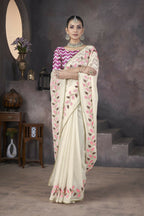 Vastranavya Off White Soft Crush Georgette Thread Embroidery work of Leaf Pattern with Patched Lace Border Saree | Grocsy