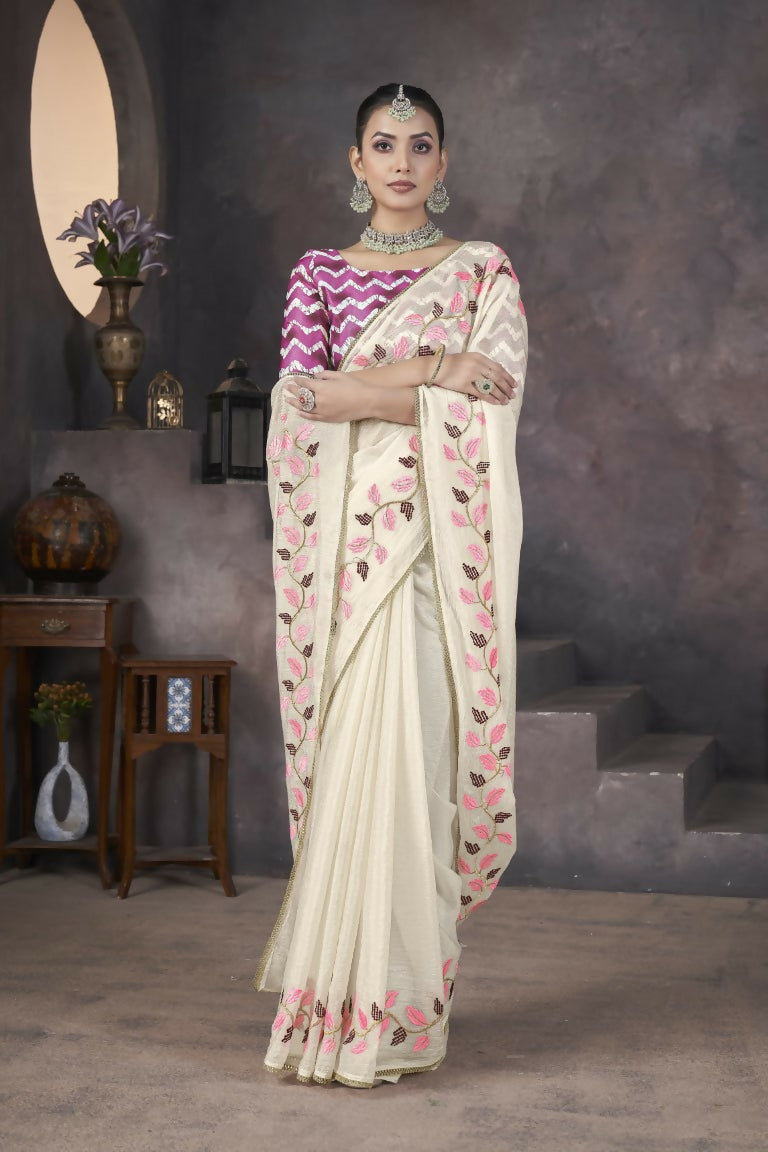 Vastranavya Off White Soft Crush Georgette Thread Embroidery work of Leaf Pattern with Patched Lace Border Saree | Grocsy