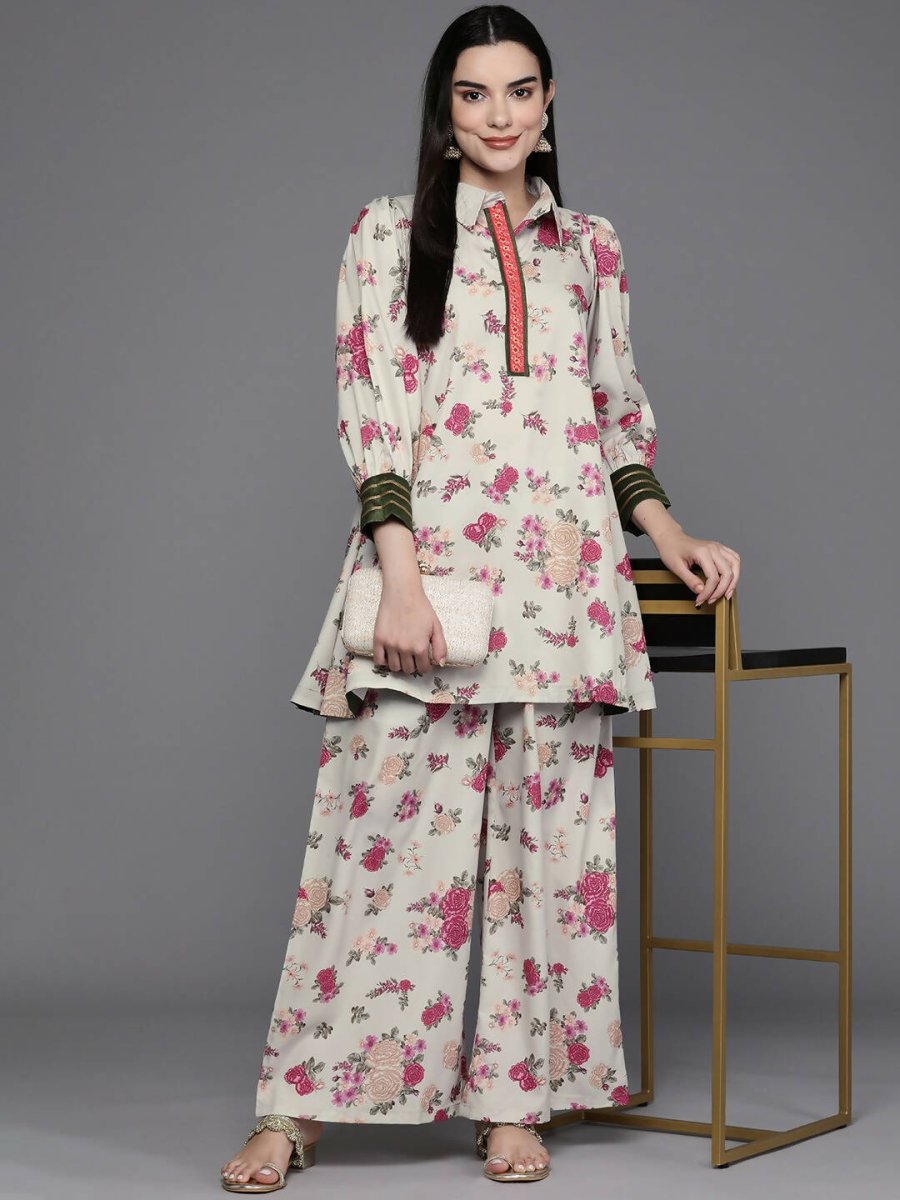 Ahalyaa Women Floral Printed Tunic with Palazzos - Beige Color | Grocsy