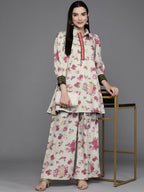 Ahalyaa Women Floral Printed Tunic with Palazzos - Beige Color | Grocsy
