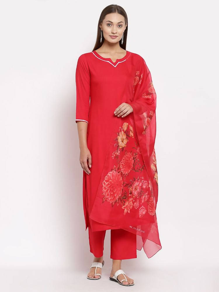 Myshka Women's Red Cotton Solid 3/4 Sleeve Square Neck Casual Kurta Pant Dupatta Set | Grocsy