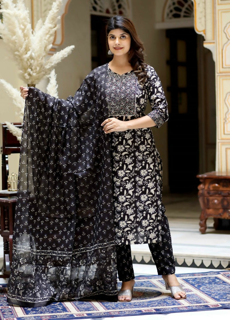 Miravan Women's Black Floral Printed Kurta Palazzo With Dupatta Set | Grocsy