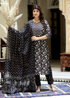 Miravan Women's Black Floral Printed Kurta Palazzo With Dupatta Set | Grocsy