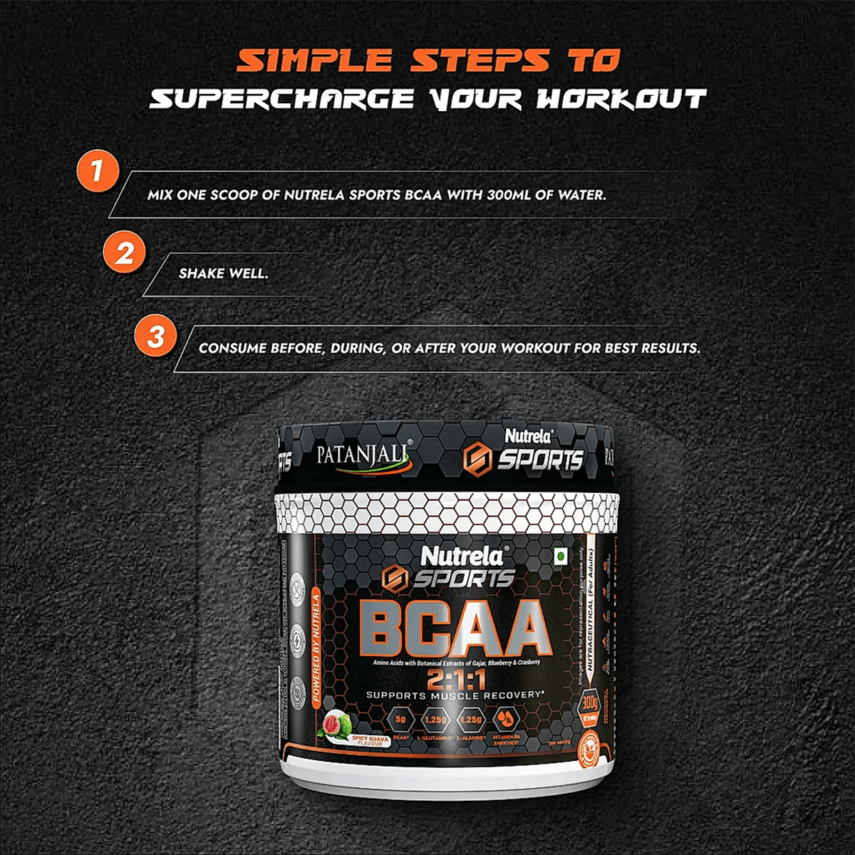 Patanjali Nutrela Sports BCAA Powder Spicy (Guava Flavour) | Grocsy