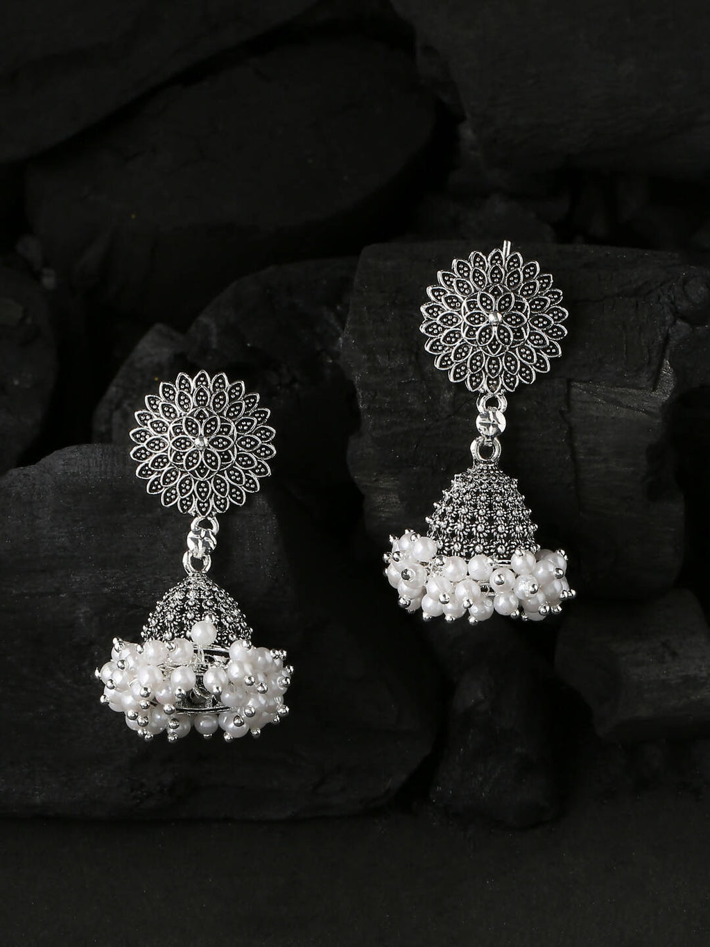 NVR Women Silver Toned Dome Shaped Jhumkas Earrings | Grocsy