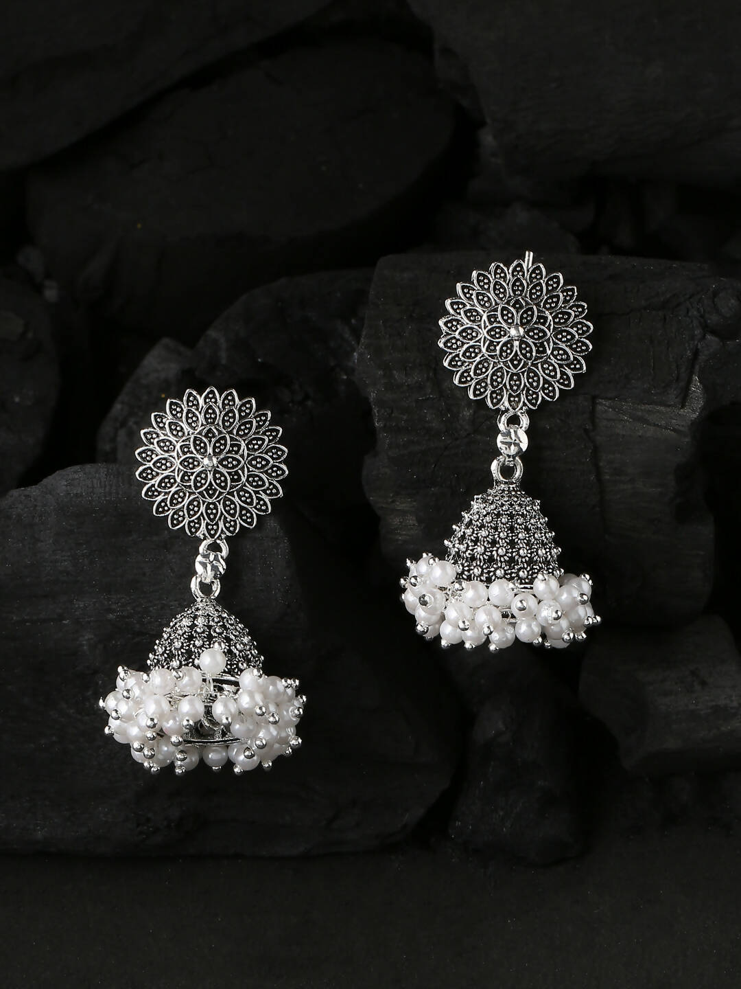 NVR Women Silver Toned Dome Shaped Jhumkas Earrings | Grocsy