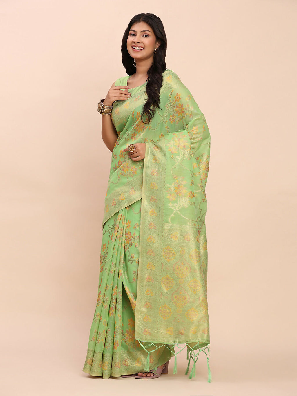 Shree Shyam Fashion Linen Cotton Green Saree | Grocsy