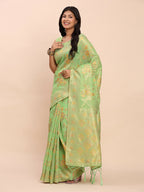 Shree Shyam Fashion Linen Cotton Green Saree | Grocsy