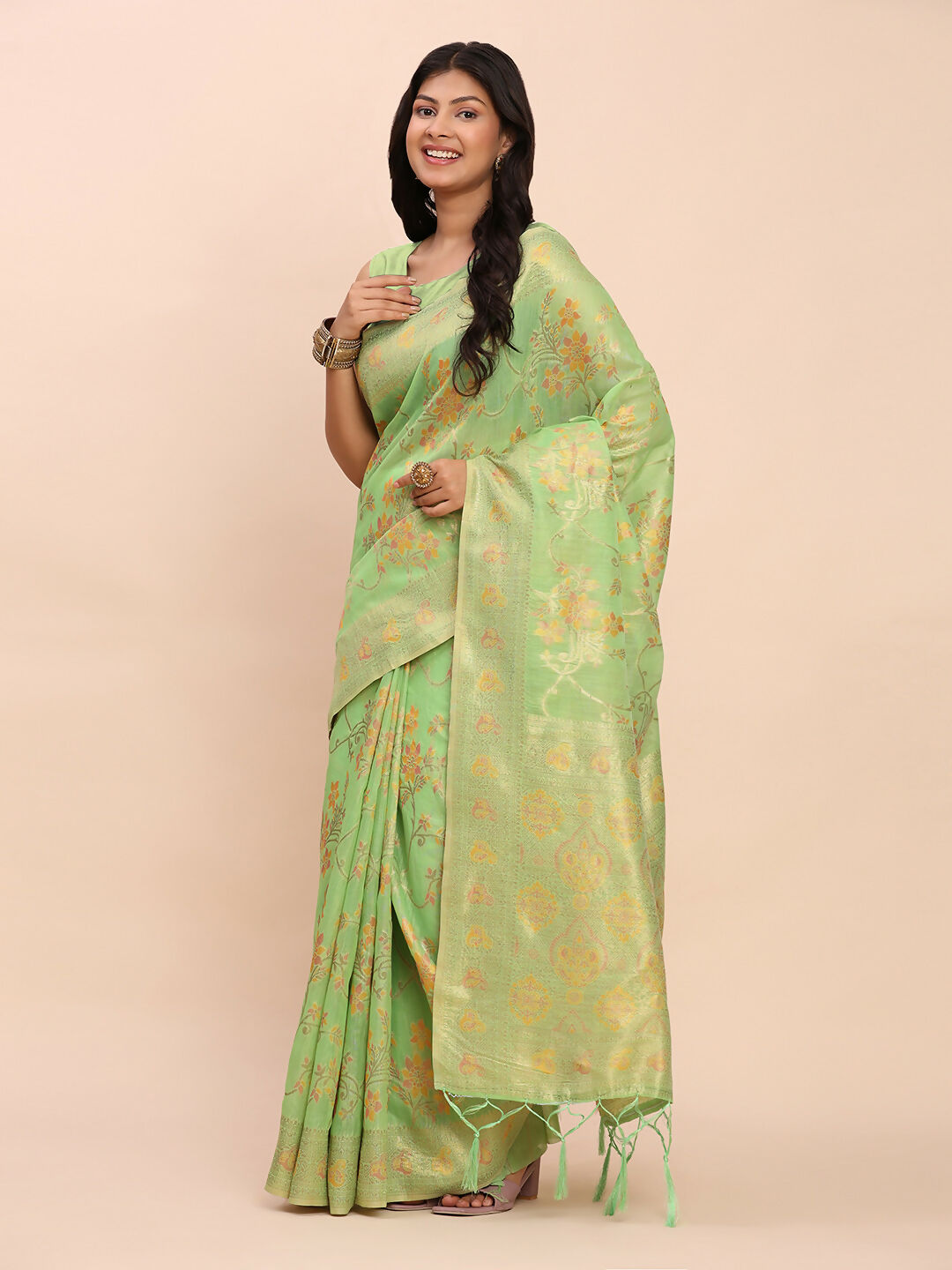 Shree Shyam Fashion Linen Cotton Green Saree | Grocsy