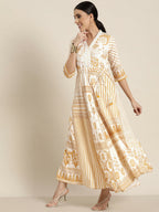 Juniper Mustard Printed Rayon Lacy Maxi Dress With Mirror Embroidered Neckline & Tassels At Waist | Grocsy