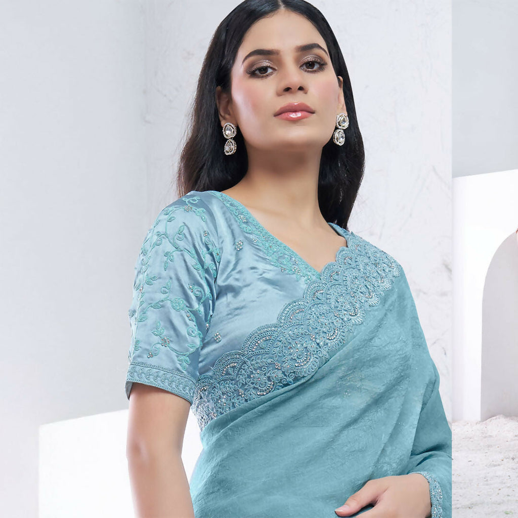 Aqua Blue Crush Pure Silk Diamond With Hand Work Saree With Unstitched Blouse - Norita Swaraa | Grocsy