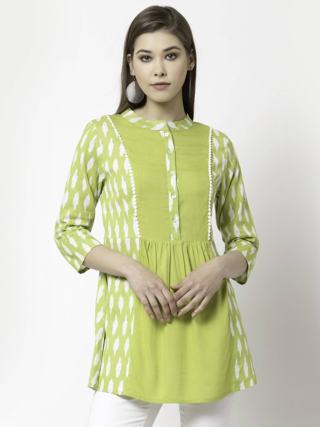 Myshka Women Green Pure Cotton Printed 3/4 Sleeve Round Casual Tunic | Grocsy