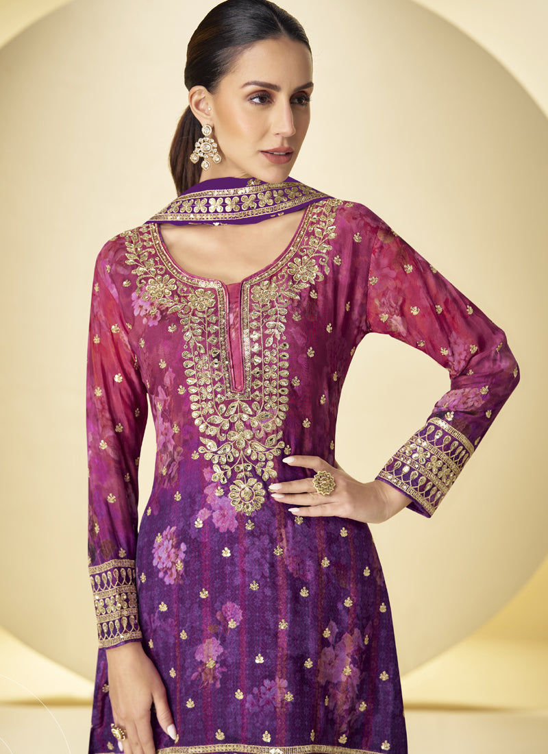 Vegaa Fashion Purple Chinon Digital Print Designer Palazzo Suit | Grocsy