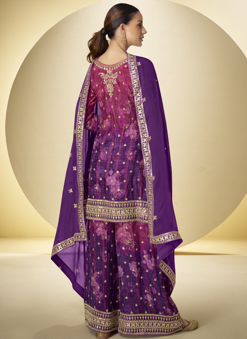 Vegaa Fashion Purple Chinon Digital Print Designer Palazzo Suit | Grocsy