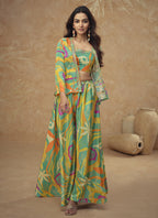 Vegaa Fashion Lime Green Chinon Silk Digital Print Western Suit | Grocsy