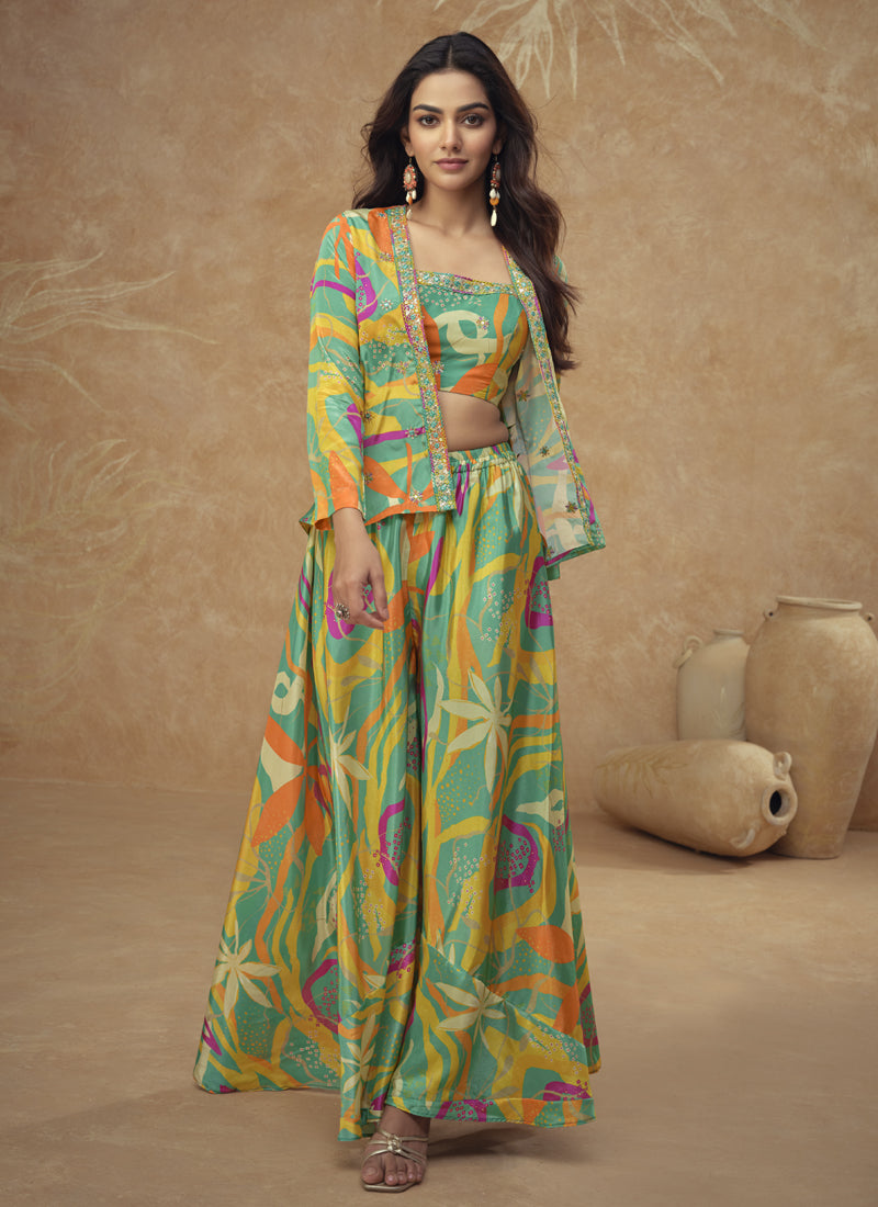 Vegaa Fashion Lime Green Chinon Silk Digital Print Western Suit | Grocsy