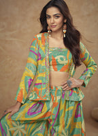 Vegaa Fashion Lime Green Chinon Silk Digital Print Western Suit | Grocsy