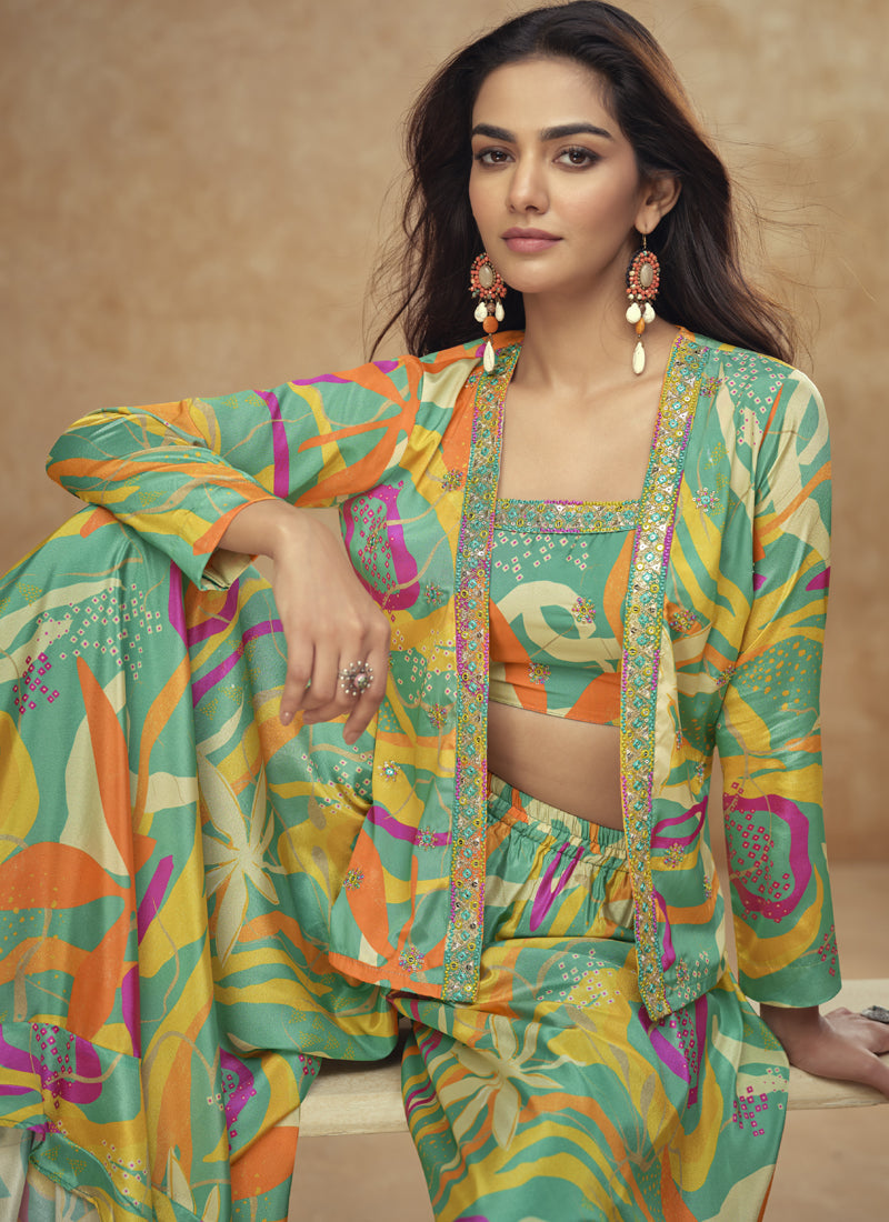 Vegaa Fashion Lime Green Chinon Silk Digital Print Western Suit | Grocsy