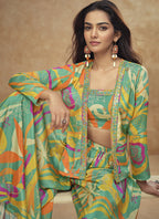 Vegaa Fashion Lime Green Chinon Silk Digital Print Western Suit | Grocsy
