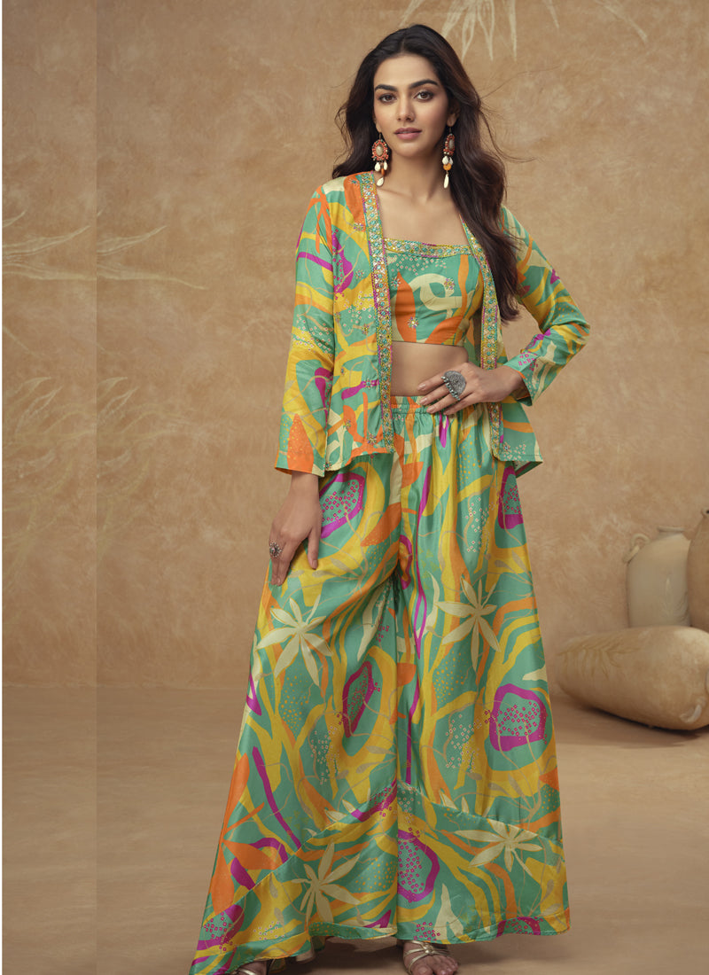 Vegaa Fashion Lime Green Chinon Silk Digital Print Western Suit | Grocsy