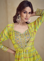 Vegaa Fashion Yellow Chinon Silk Digital Print Western Suit | Grocsy