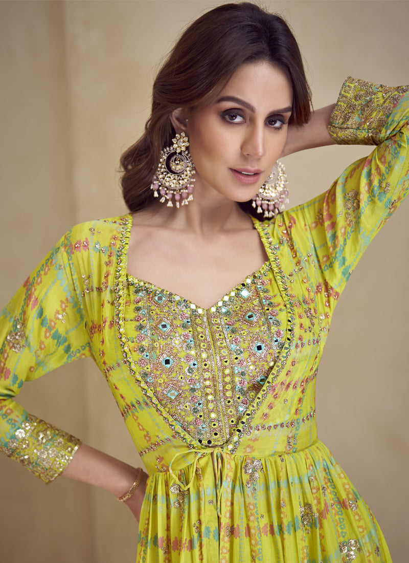 Vegaa Fashion Yellow Chinon Silk Digital Print Western Suit | Grocsy