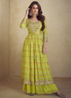 Vegaa Fashion Yellow Chinon Silk Digital Print Western Suit | Grocsy