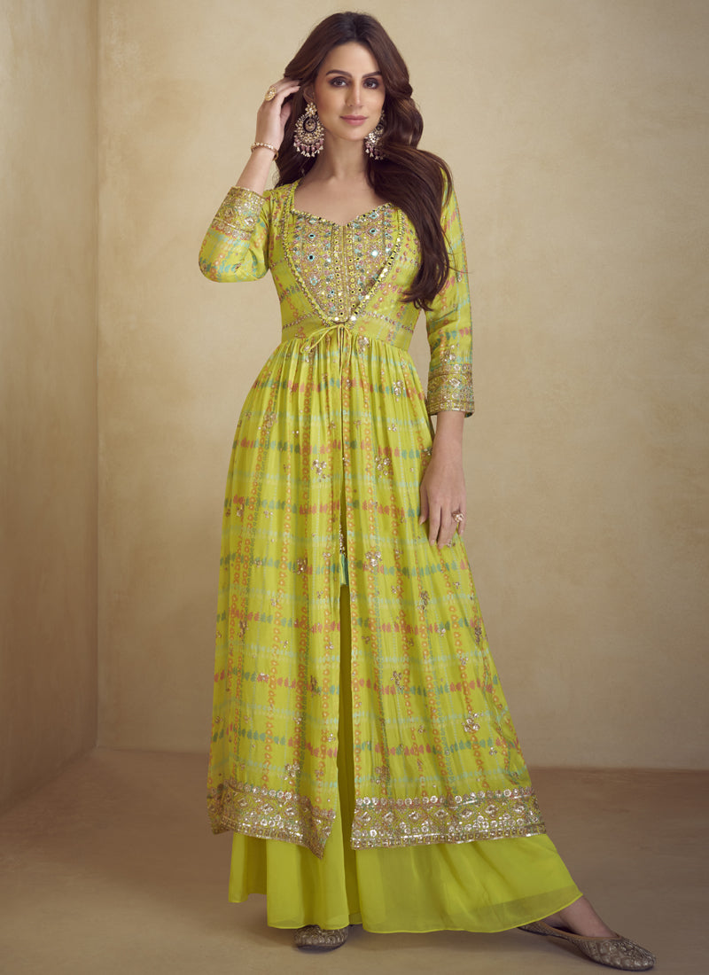 Vegaa Fashion Yellow Chinon Silk Digital Print Western Suit | Grocsy
