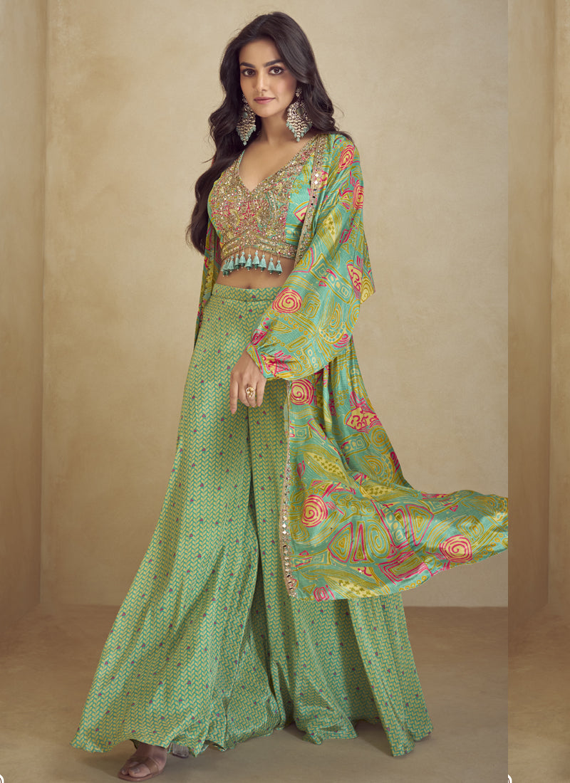 Vegaa Fashion Lime Green Chinon Silk Digital Print Western Suit | Grocsy