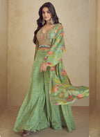 Vegaa Fashion Lime Green Chinon Silk Digital Print Western Suit | Grocsy