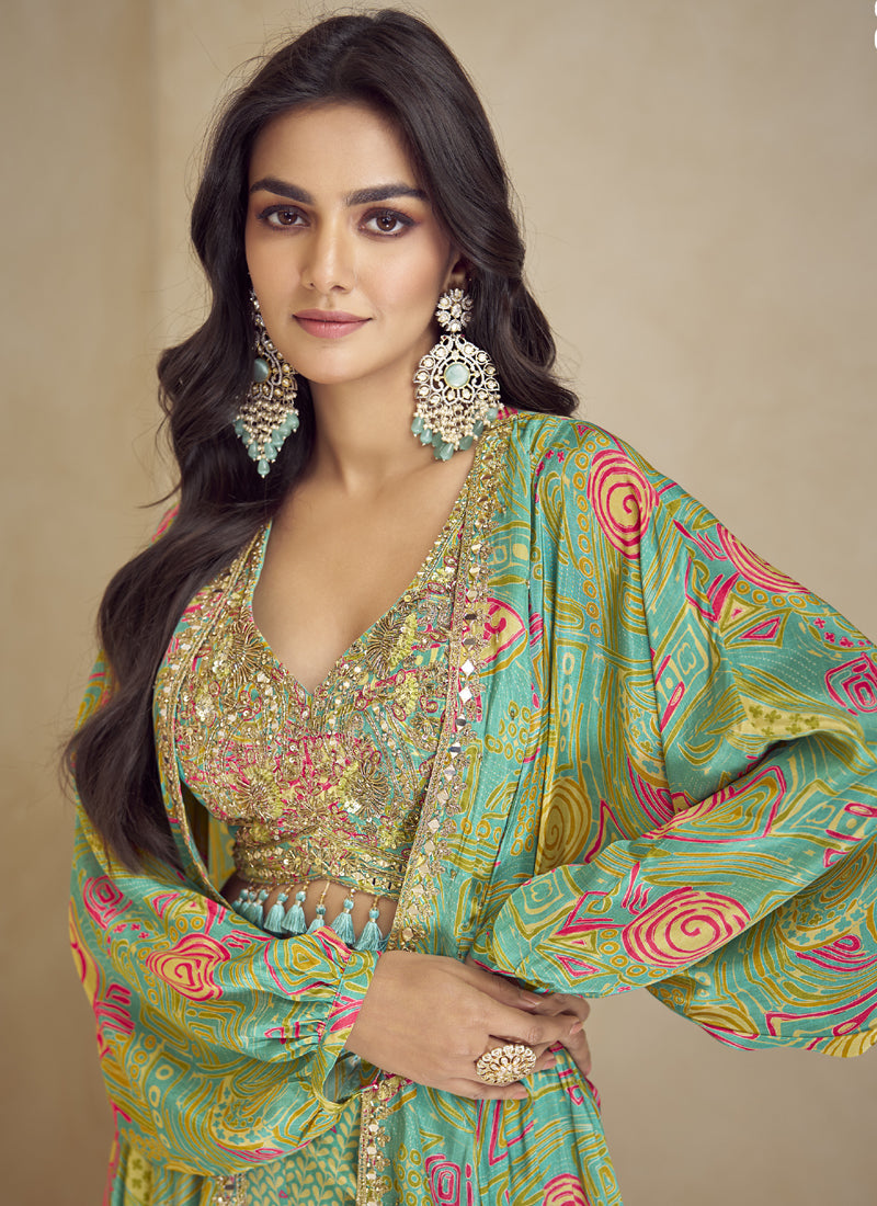 Vegaa Fashion Lime Green Chinon Silk Digital Print Western Suit | Grocsy