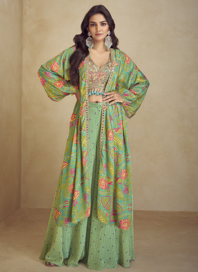 Vegaa Fashion Lime Green Chinon Silk Digital Print Western Suit | Grocsy