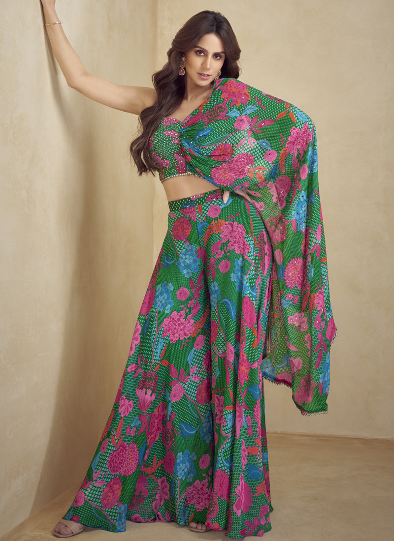 Vegaa Fashion Green Chinon Silk Digital Print Western Suit | Grocsy
