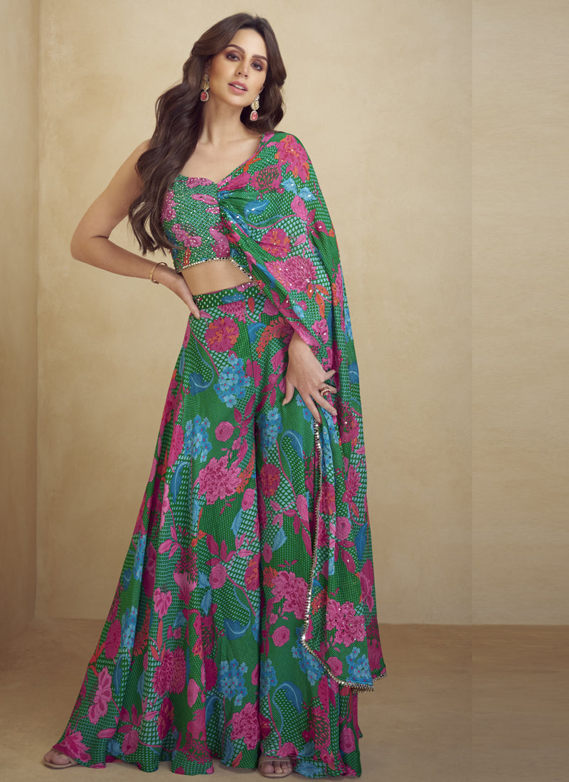 Vegaa Fashion Green Chinon Silk Digital Print Western Suit | Grocsy