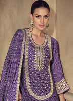 Vegaa Fashion Violet Chinon Silk Embroidered Designer Sharara Suit | Grocsy